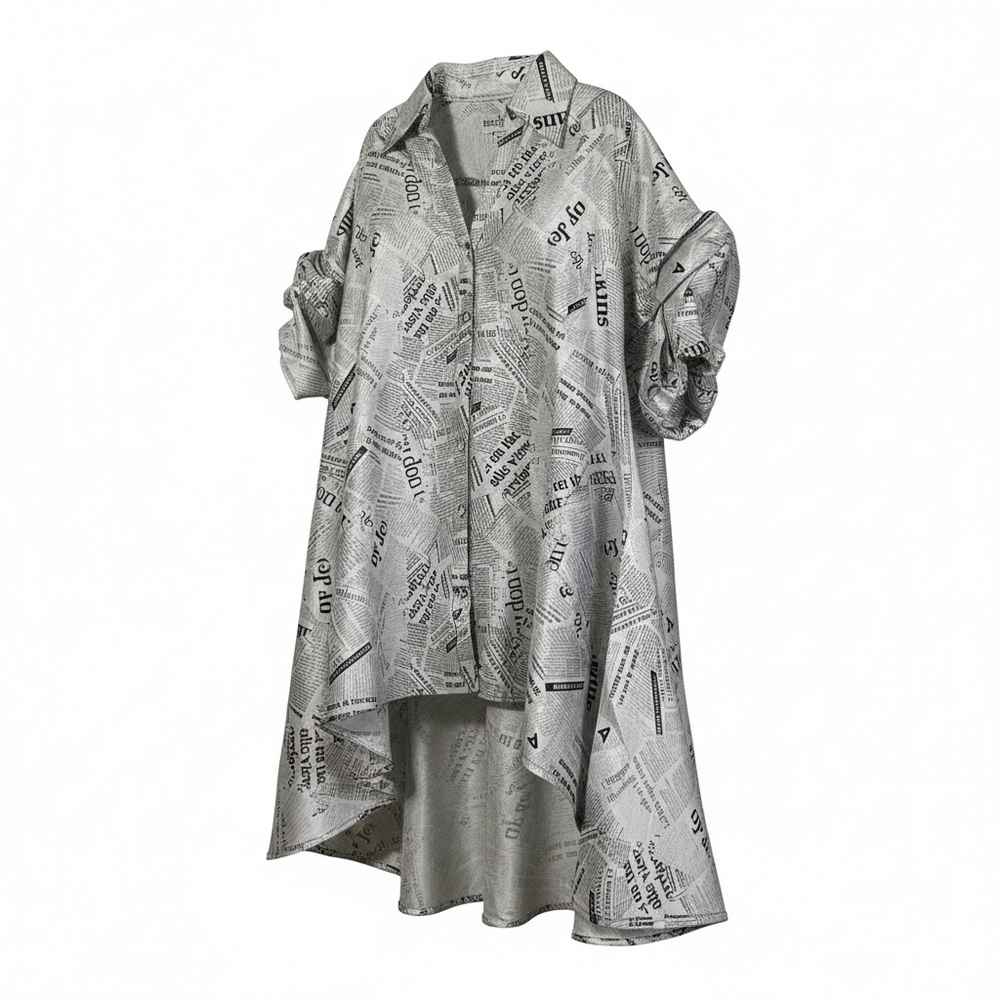 Newspaper Print High-Low Oversized Shirt Dress w/ Poof Sleeve & Gemstone Buttons